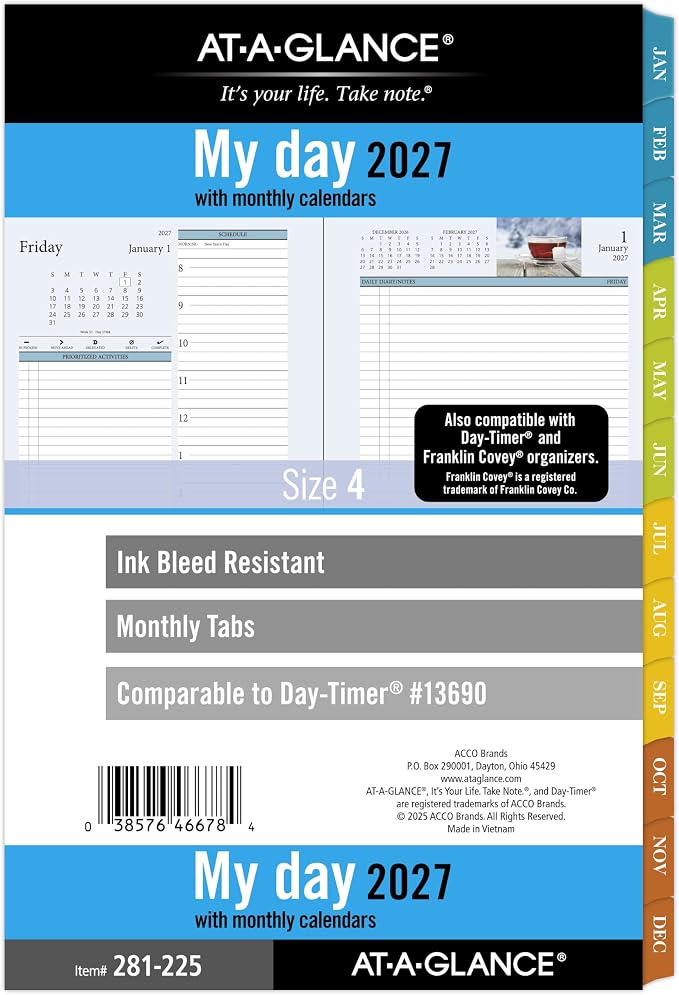 AT-A-GLANCE 2027 Planner Refill Daily & Monthly, 5.5" x 8.5", Desk Size 4, Two Page Per Day Refill, 7-Ring Loose-Leaf, Zenscapes (281-225-27)