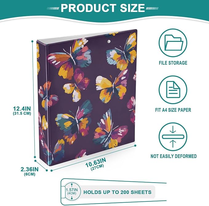 Colorful Purple Butterfly Binder 3 Ring 1.5 Inch Binder with Clipboard&Pockets, Hardcover Binders Heavy Duty Large File Folder for Office School Supplies - Holds 200 Sheets