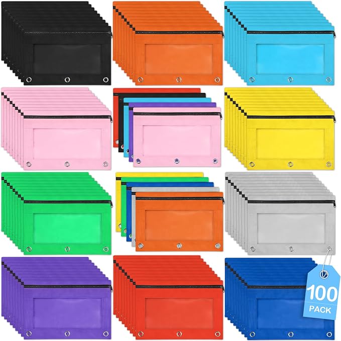 100 Pack Pencil Pouch for 3 Ring Binder in 10 Assorted Colors | Smooth Zipper Pouch Bulk in 10 Assorted Colors, School and Office Supplies with Clear Window