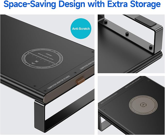 YICOSUN Monitor Stand HUB - Aluminum Riser with 6-in-1 Docking Station: 4K HDMI, USB-C, USB 3.0, PD 100W, Wireless Charging, Drawer Organizer - Black