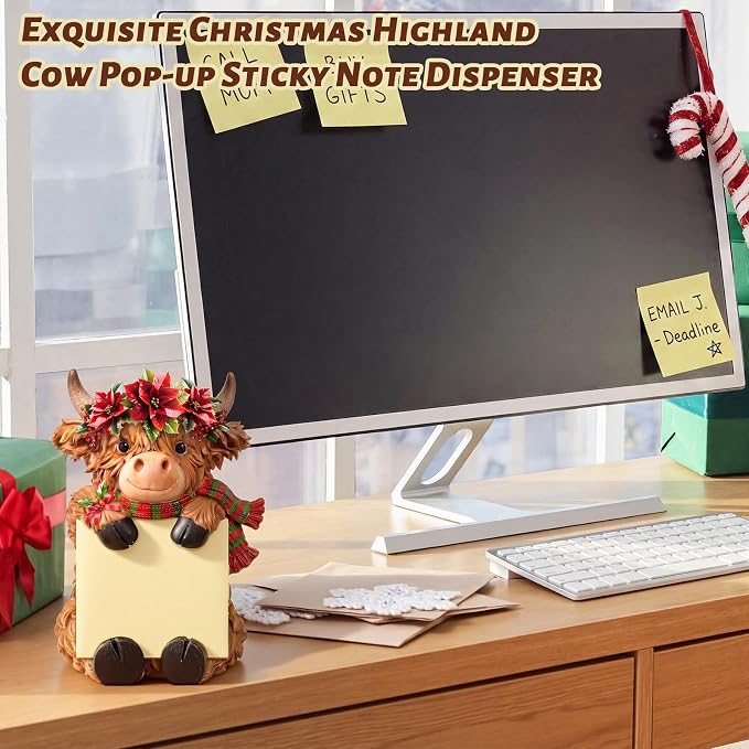 Thenshop Christmas Highland Cow Pop up Sticky Note Dispenser with 100 Sheet | Christmas Sticky Note Holder, Highland Cow Desk Accessories, Resin, Red Green Poinsettia, Back to School Classroom, 3 x 3inch