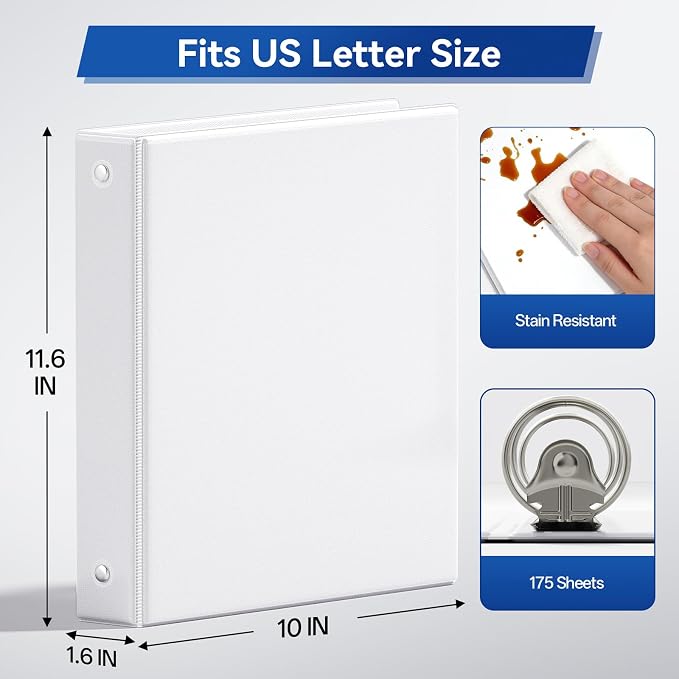 GNL 3 Ring Binders 1 Inch Economy 12 Packs White, 1" Three Ring (Fits 175 Sheets of 8.5x11 Paper) Clear View PVC-Free & Non-Stick for School or Office Supplies