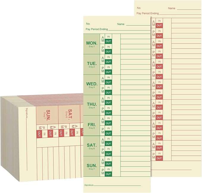 400 Pack Weekly Time Cards Double-Sided Named Days Manila Green/Red Print Cards for Employees Time Clocks for Office Factories Workshops Warehouses