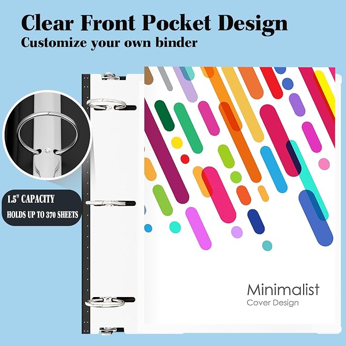 INFUN 1.5 Inch Telescoping 3 Ring Binder - 6PCS, Flexible Round Binder with Customizable Front Cover and Clear Catalog Pocket, 1.5Inch Rings, White – Perfect for School, Office & Home