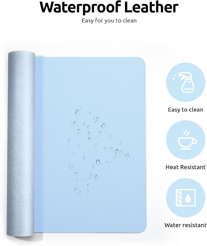 YSAGi Leather Desk Protector, Office Mat, Large Mouse Mat, Non-Slip PU Leather Blotter, Laptop Pad, Waterproof Writing Pad for Office and Home (Baby Blue, 23.6" x 13.8")