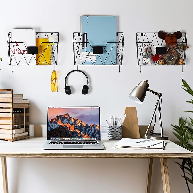 6 Pack Wall File Organizer, Wall File Pocket Mail Organizer for Office/Home | Hanging Metal Vertical Wall Mounted File Holder, Mail Paper Document Folder, Label Slots & Hooks, Rust-proof & Space-Saving