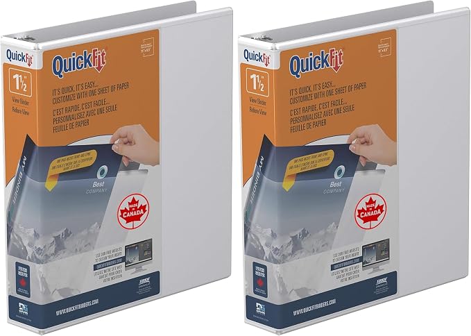 QuickFit View 3-Ring Binder, 1 1/2" Angle D-Rings, 50% Recycled, White (87020) (Pack of 2)