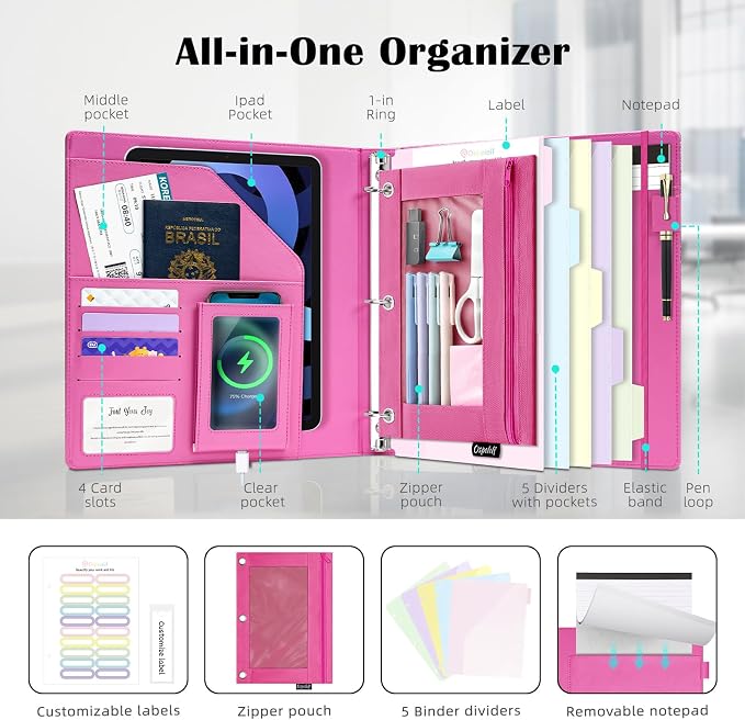 Ospelelf Glitter Leather Clipboard Binder 1 Inch, Magnetic Clipboard Folio Organizer with 5 Pocket Dividers & Zipper Pouch, Cute 3 Ring Document Organizer Binder for Office, Glitter Pink