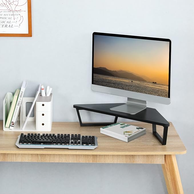 TEAMIX 26 inch Corner Monitor Stand Riser with Keyboard Storage, Black | Triangle Monitor Stand, Wood & Metal Computer Stand, Laptop Riser, Desktop Organizer, for L Shaped Desk, Home Office & Gaming