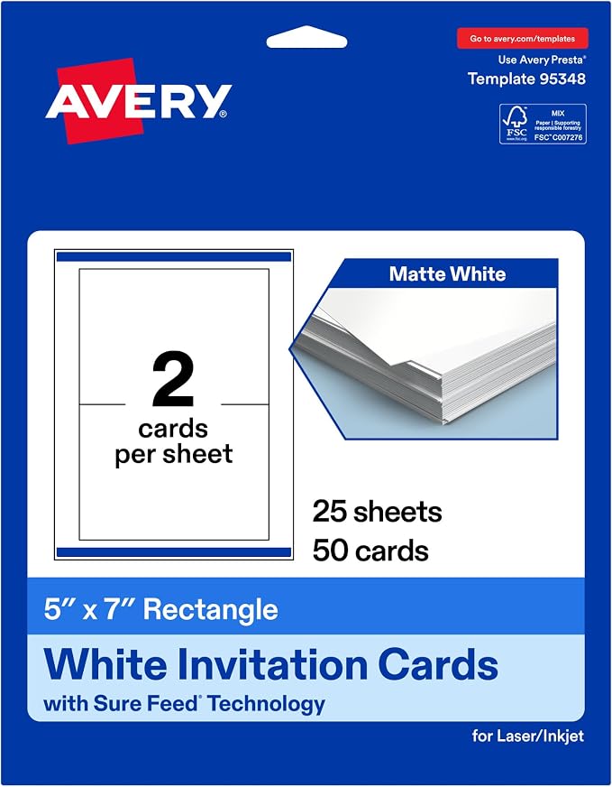 Avery Printable Rectangle Cards, Sure Feed Technology, 5" x 7", Matte White Cardstock, Laser/Inkjet Printable, 50 Total, Great for Invitations and Thank You Messages