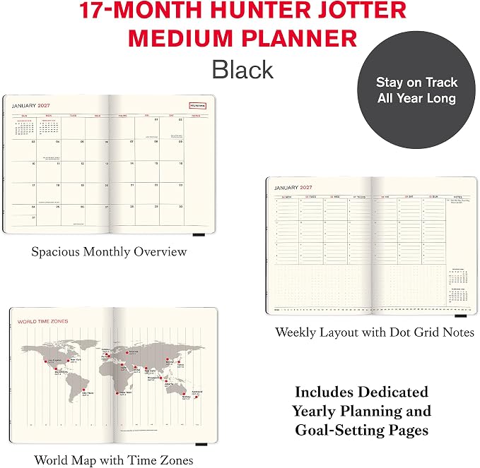 Orange Circle Studio 2027 Black Hunter Jotter Medium Planner, 17-Month Weekly & Monthly Calendar Planner, 6.5" x 8.6", Dot Grid Notes, Time Zone Map, Goal Pages, Work Daily Planner Notebook