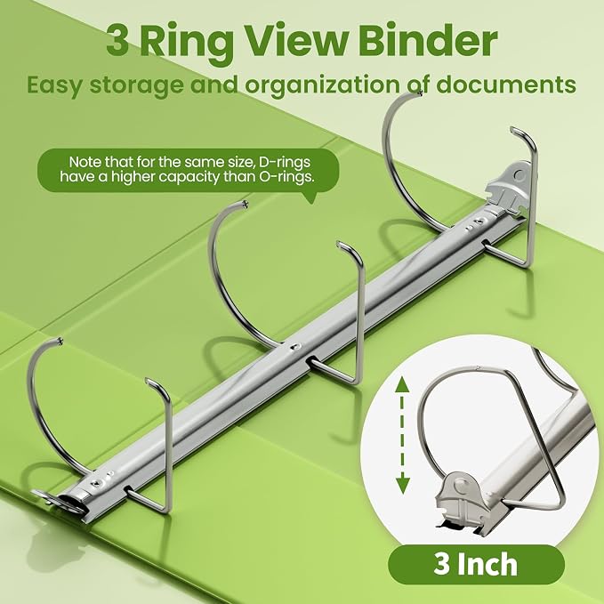 SUNEE 3 Ring Binder 3 Inch D Ring, Clear View Large Binder Three Ring PVC-Free (Fit 8.5x11 Inches) for School or Office Supplies, Tender Green, 1 Pack