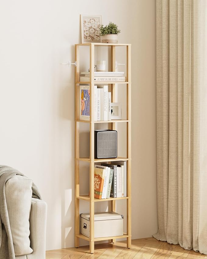 Open Book Shelf, 6 Tier Tall Bookshelf, Freestanding Shelf Narrow Bookcase with Open Shelves, 14.57" x 10.63" x 65.83", Book Shelves for Living Room, Office, Study, Oak