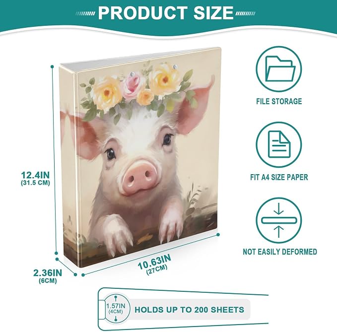 SPRIPORT Cartoon Pig Flower Crown 1.5 Inch 3 Ring Binder Holds 200 Sheets for Office Supplies Durable PVC Round Ring Binder with Interior Clear Pockets 3 Ring Notebook Binder for Woman Man Home Work