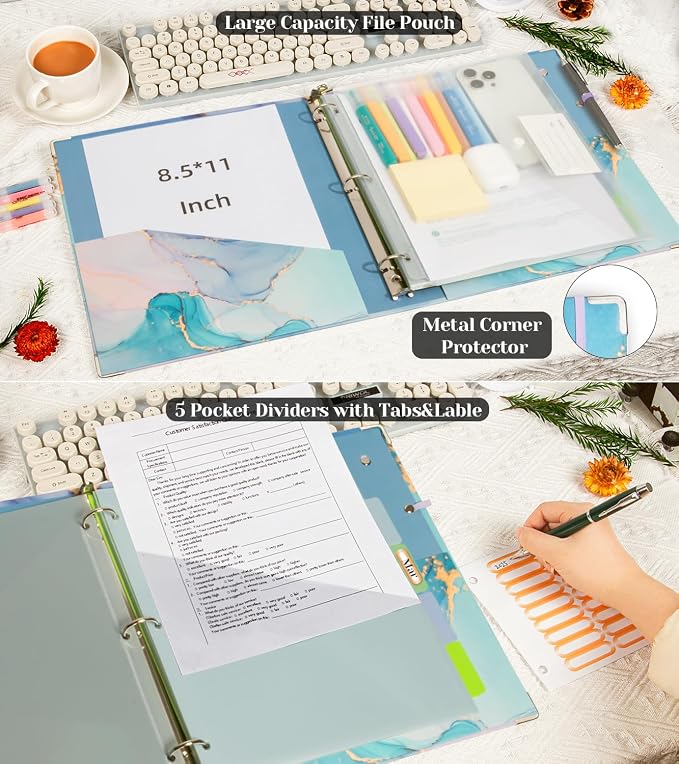 3 Ring 1 Inch Binder Organizer, KLLVE Three Ring Binders with Clipboard, 5-Tabs Pockets Dividers, Plastic Folder, 18 Divider Stikers,Pen Loop (Blue Marble, Letter Size)