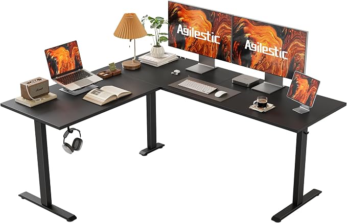 Agilestic 63 x 55 Inch L Shaped Electric Standing Desk, Black | Corner Desk, Ample Workspace, Memory Presets, Hooks, Stable Steel Frame,176 lbs Capacity, Easy Assembly, Splice Board