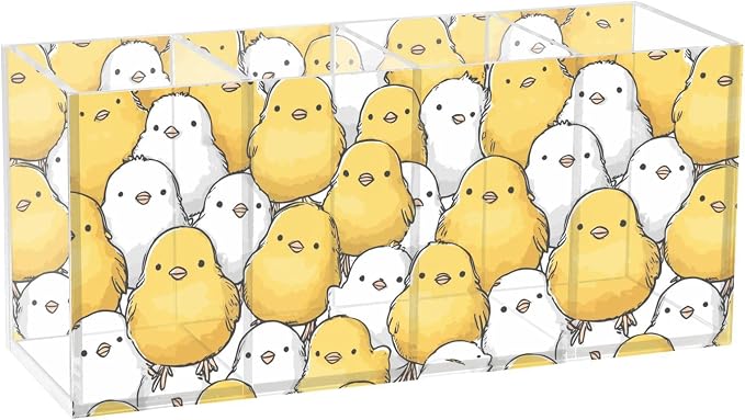 Yellow White Chicken Clear Acrylic Cutlery and Pen Organizer, Acrylic Plastic Pencil Holder Square 4 Compartments Large Capacity Acrylic Pencil Holder Desk Pencil Organizer