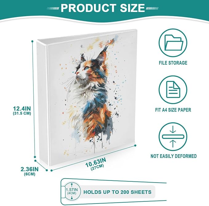 3 Ring Binder, Watercolor Cat File Folder Holds 200 Sheets File Storage for Women Men School Office Supplie