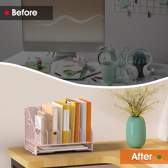 5 Vertical Mesh Desk Organizer with Paper Letter Tray, Pink | Sorting racks with lower letter tray section. Multipurpose mesh desktop space saver for home office and school