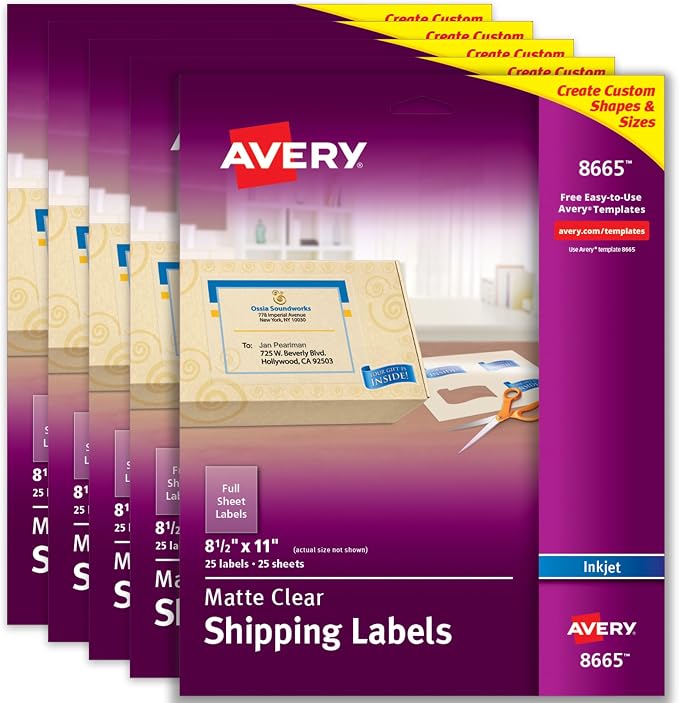 Avery Full Sheet Printable Shipping Labels, 8.5" x 11", Matte Clear, Inkjet, Create Custom Labels Using Scissors or Electronic Cutting Machines, 125 Total (5 Packs of 8665)
