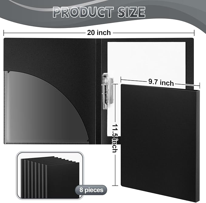 Teling 8 Pack Punchless Clamp Binder Folder Ringless Binder with Metal Clip and Poly Covers Flex Colored Swing Clamp for Work School Documents, 9.7 x 11.5 Inch(Black)