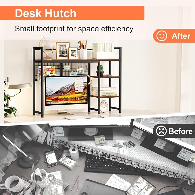 Snughome Desk Shelf, 38.6" Desktop Organizer Shelf, Desk Hutch for Computer Monitor, 4 Tier Desk Display Rack with Pegboard Hooks Set, Wood Desktop Bookshelf for Home Office Dorm
