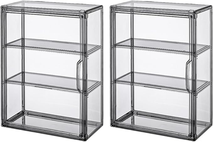 Clear Acrylic Display Case 3 Tier Display Shelf Storage Boxes Cabinet Organizer with Magnetic Door for Figures Toys (2 Pcs，Gray)