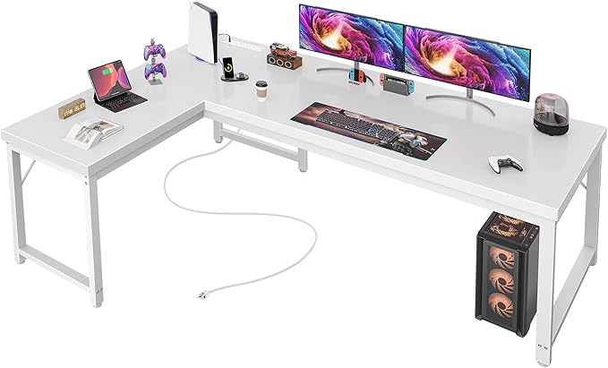 Huuger 63 Inch L Shaped Desk with Power Outlets & 0.95 Inch Thicker Desktop | Reversible Computer Desk, Larger Office Corner Gaming Desk, Metal Frame, for Home Office, Study, White