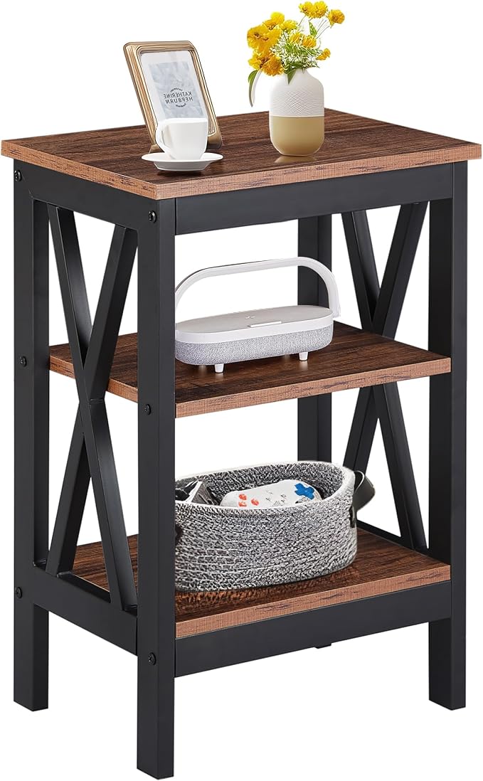 VECELO End Table, Bedside Table, 24" Tall Living Room End Tables, X-Design Reinforced Nightstands, Side Table with 3-Tier Storage Shelves for Small Spaces, Office, Bathroom, Bedroom, Retro Brown