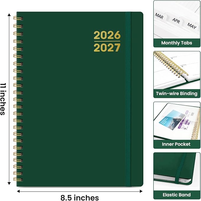 Taja Planner 2026-2027, Jul 2026-Jun 2027 Monthly & Weekly Calendar Book | 8.5" x 11", Hardcover Academic Calendar with Tabs, Teacher Student Agenda Book for School Office Supplies - Dark Green