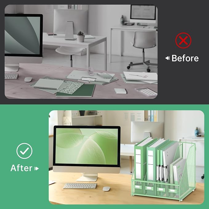 DALTACK 4-Slot Magazine File Holder, Metal Binder Holder, Mint Green | Iron Mesh Construction, Labeled Sections for Easy Sorting, Anti-Slip Feet, Binder and Folder Storage for Office, Classroom