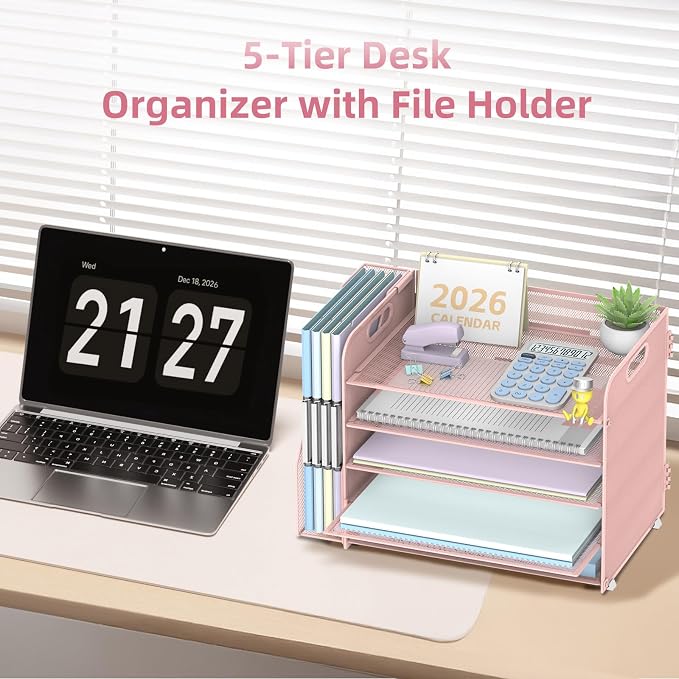 5-Tier Desk Organizer with File Holder, Paper Organizer for Desk, Pink | 5 Letter Trays and Vertical File Holder with Metal Mesh Frame for Papers Folders Books and Mail in Office Home or School