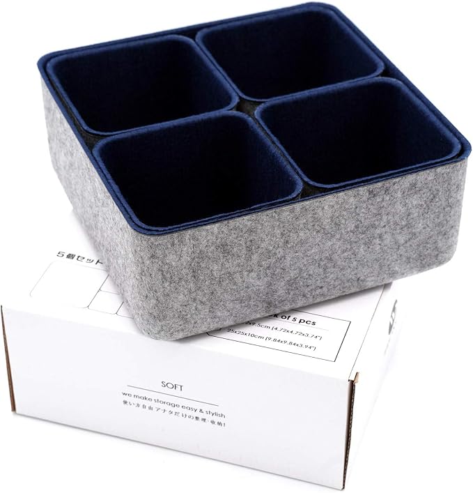 Desk Drawer Organizers Storage bins Set Home Office Pen holder pencil phone stand Remote controler Closet Cabinet boxes Organizing 5-piece gifts ideas (Navy)
