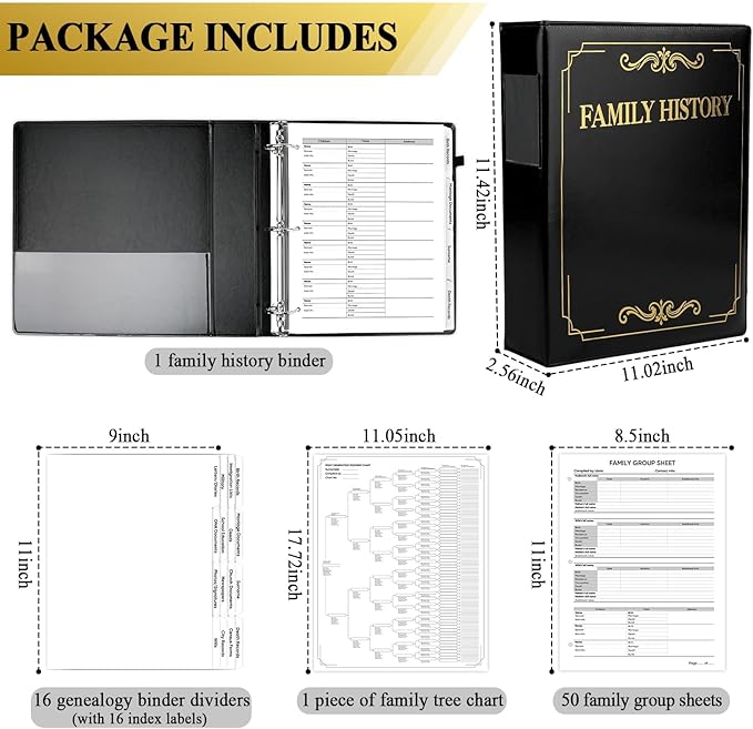 Family History Binder 3 Ring 50 Families Group Sheets 8th Generation Family Tree Chart 16 Sheets Genealogy Binder Black Cover Genealogy Organizer Supplies with Pen Loop PVC Pocket for Families History