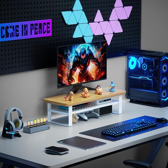 Monitor Stand Riser, 24 Inch Computer Monitor Stand for Desk, 2-Tier Wood Desk Shelf Organizer with Storage, Desktop Stand for Laptop/Screen/PC/Printer, Ergonomic Home Office Monitor Stand