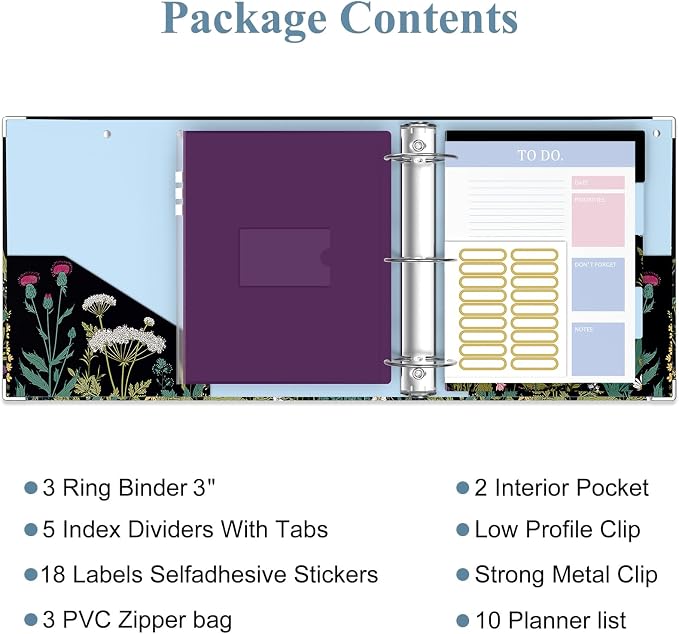 3 Ring Binder, 3 Inches Round Ring Binder with Clipboard, Dividers Tabs, PVC Zipper Bag Sleeves & to Do List Planners for Women, Men, School, Office Supplies, Wild Flower