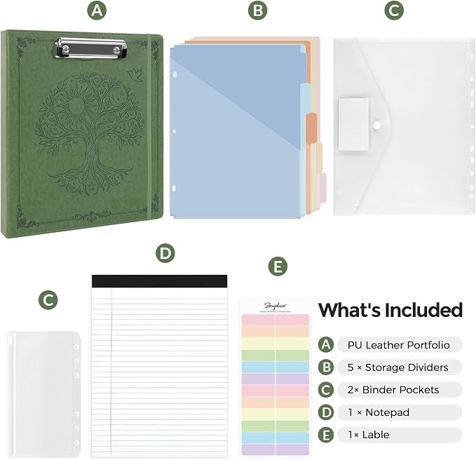 SKYDUE 1 Inch 3-Ring Binder with Clipboard, PU Binder with 5 Dividers, Notepad, Stickers & Pockets for Work and School - Aesthetic Binder (Letter Size)
