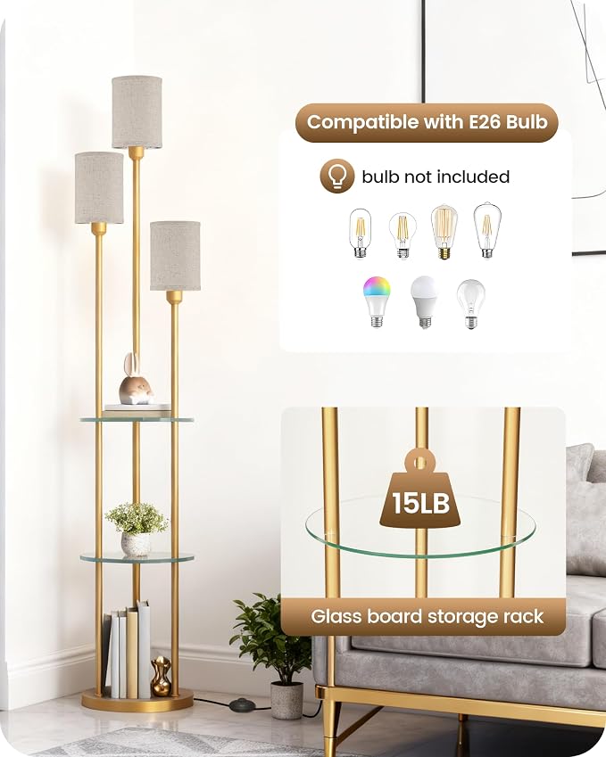 Floor Lamp with Shelves, Modern Floor Lamp with 3 Linen Shades and Foot Switch, 3-Light Standing Lamp, for Living Room, Bedroom, Study, Office, Gold and Beige ED53LD05