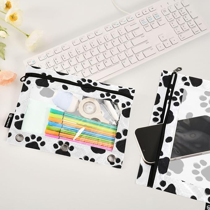 Black Paws Print Pencil Pouch for 3 Ring Binder, 2 Pack Waterproof Pencil Bags Clear Window Pencil Case Zipper School Office Supplies