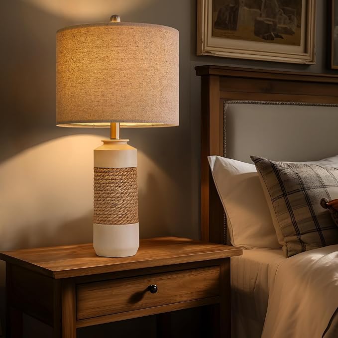 23.75" Bedside Table Lamps Set of 2 for Sleeping and Reading, Vintage Farmhouse Rattan Table Lamp Antique White Resin Lamp for Decoration, Office Living Room Bedside Table