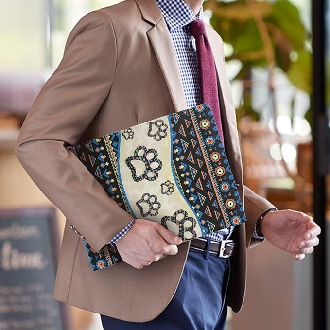 Dreaweet Southwestern Aztec Padfolio Leather Portfolio for Women Men,Dog Paw Print Resume Portfolio Folder Document Organizer with Letter/A4 Size Clipboard
