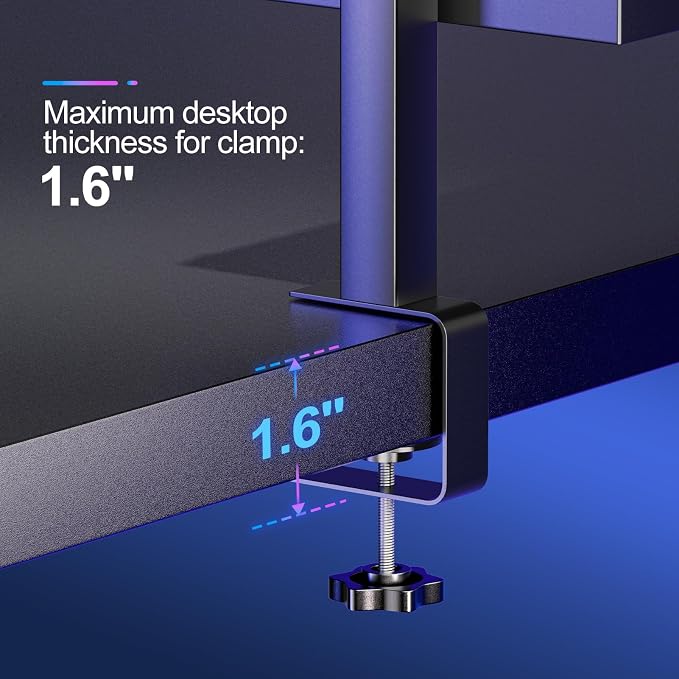 17 inch Adjustable 2-Tier Clamp On Desk Shelf with Hooks | Heavy Duty, Holds 44 lbs, No Drill, for Home Office, Gaming & Desk Organizer
