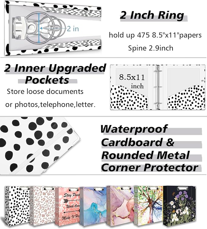 3 Ring Binder Organizer, 2 Inch Three Ring Binders with Clipboard, 5-Tabs Pockets Dividers, Transparent Plastic Folder, Pen Loop, 18 Divider Stikers, BVSSX Decorative Binder, Polka Dot, Letter Size
