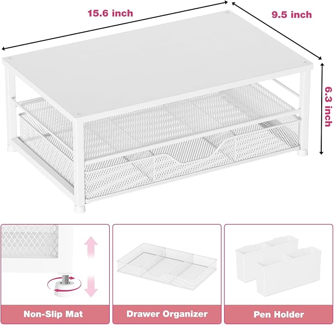 Desk Organizers and Accessories, Computer Monitor Stand Riser with Drawer and 2 Pen Holders, Printer & Laptop Stand, Office Desk Accessories & Workspace Organizers for Home Office Supplies, White Wood