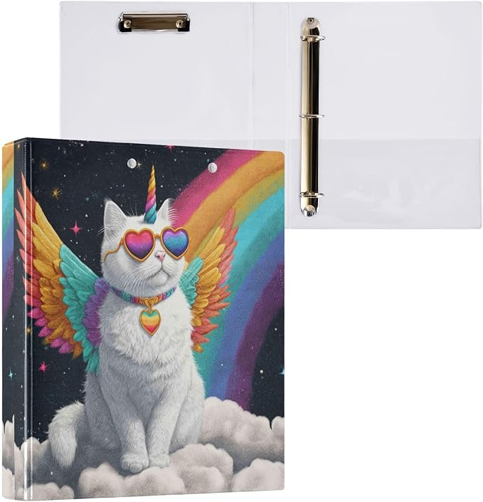 Aslsiy Kids 3 Ring Binder 1.5 Inch Unicorn Cat Rainbow Cloud Girls Round Clipboard Binder Decorative Harcover Binders Organizer for Office School Supply