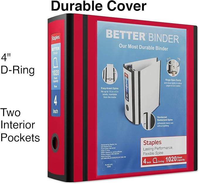 Staples Better Binder, 4 Inch D-Ring, Red, Reinforced Spine | High-capacity 3-ring view binder for school, office, and home document use.