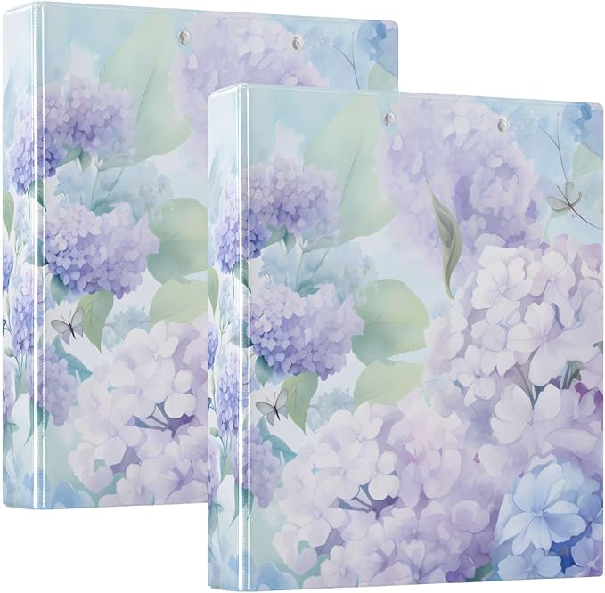 Purple Hydrangea Flower Butterfly 3 Ring Binder with 2 Interior Pockets 1.5 inch Binders 3 Ring Heavy Duty Fit 8.5" x 11" Letter Size for Office School, 2 Pack