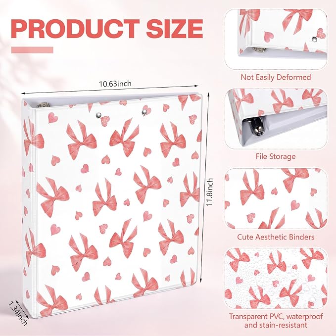 Colarr Pink Bow 3 Ring Binder 1 Inch with Clipboard Interior Pockets, Cute Preppy Round Ring Binder for Office Supplies & File Folder Organization