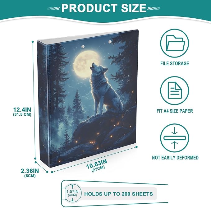 3 Ring Binder Wolf Moon Galaxy Winter Forest a 1.5 inch Binders Three Ring Binders with Clipboard Fit 8.5'' x 11'' Paper 3 Interior PVC Clear Pockets for Office Supplies