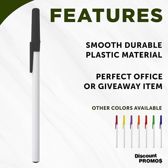DISCOUNT PROMOS Value Stick Pens Set of 10, Bulk Pack - Blue Ink, Great for Office, School, Business, Tradeshows, Events - Black Cap